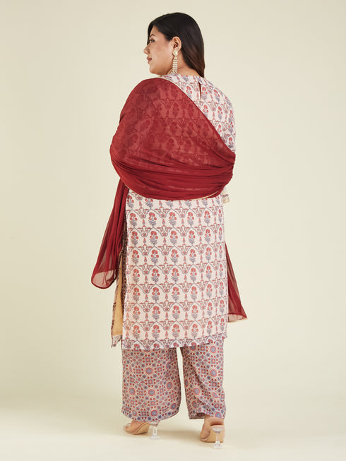 Janasya Women's Plus Size Cream & Maroon Georgette Embroidered Ajrakh Printed Straight Kurta Set